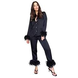 Damen Pyjama-Sets mit Knopfleiste und Federn, weiche Baumwolle, einfarbig, niedlich, bequem, Revers mit langen Ärmeln, Satin, sexy, passende Lounge-Sets, weiche Pyjama-Sets, Schwarz , 36 von Generic