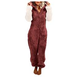 Damen-Pyjama aus künstlicher Wolle mit langen Ärmeln, lässig, einfarbig, Reißverschluss, locker, mit Kapuze, Overall, Pyjama, lässig, Winter, warm, Rompe, süße Ohren, Nachtwäsche Cardigan (Wine, XXXL) von Generic