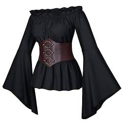 Damen Renaissance Bluse Schulterfrei Mittelalter Gesmokt Langarmshirt mit Trompetenärmel Elastisch Taille Cosplay Piratenkostüm Bluse für Halloween Karneval Party von Generic