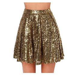 Damen Rock Kurze Pailletten Faltenrock Mini Rock Glitzer Rave Party Hohe Taille Elastischer Plisseerock (Gold, S) von Generic