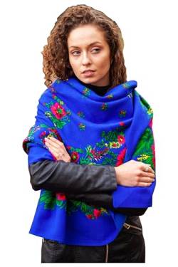 Damen Russischer Stil Blau Schal Tuch Umschlagtuch 100% Wolle, mit Blumen hochwertige Stola - sehr hohe Qualität 135cm x 135cm von Generic