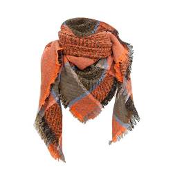 Damen Schal Warm Weich Strickschal Karo Winterschal Herbstschal Frauen Deckenschal Halstuch Scarf Herbst Winter klassischer Quasten-Plaid-Schal, Warmer, weicher, Dicker, Großer (Orange, One Size) von Generic