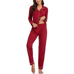 Damen-Schlafanzug, reine Farbe, Oberteil, Hose, Nachtwäsche, Anzug, Baumwolle, langärmelig, Knopf, Pyjama-Set, schlanke Homewear Top-Hose, Set für Winter, sexy Nachtwäsche, rot, 42 von Generic