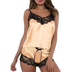 Damen Schlafanzug Frauen Mode Print Mesh Satin Dessous Spitze Dessous Zweiteiliges Set Sexy Nachtwäsche Unterwäsche Dessous Set Nachtwäsche BH und Panty 2 Stück, khaki, 36 von Generic