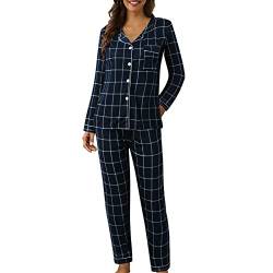 Damen Schlafanzug Lang Flanell Karierte Pyjamas Set Baumwolle Langarm Nachtwäsche mit Knopfleiste Zweiteiliger Hausanzug Sleepwear Loungewear Hausanzug mit Hose Herbst Winter (a-Q, XXL-4) von Generic