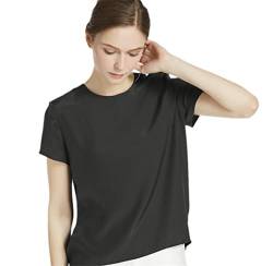 Damen Seide Kurzarm T-Shirt Bluse Damen Rundkragen Knopf Schlitz Rückenverschluss Elegantes T-Shirt, Schwarz , Small von Generic