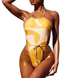 Damen Sexy Cutout Schnürung Rückenfrei Hoher Schnitt Badeanzug Monokini Elektrischer Einteiler Bademode Rasierer für Frauen (03B-Gelb, L) von Generic