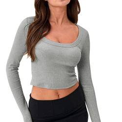 Damen Sexy Slim Fit Langarm Shirts Y2 K Top Cropped Tee Cut Out Oberteile Tops Teenage Mädchen Bluse T-Shirt Streetwear Crop Top Party rückenfrei Tee Shirts Teenage Mädchen trendiges (1226-Grau, S) von Generic