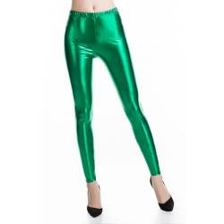 Damen Silber Metallic Leggings glänzende Hose mit hoher Taille Shiny Leggings im Wet Look für Party Tanz Disco Kostüm Karneval Metallic Glitzer High Waist Shiny PU Hosen Tanzhose (Grün,XXL) von Generic