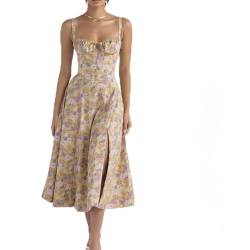 Damen Sommer Sexy Ärmellos Spaghettiträger Boho Blumen Lang Kleid mit Schlitz Damen Outfit Sommer Freizeitkleider von Generic