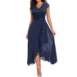 Damen Spitze Cocktailkleid Elegant Chiffon Abendkleid V Ausschnitt Cape Ärmel Brautjungfernkleid Ballkleider Dress Hohe Taille Swing Spitzenkleid Hochzeit Festlich Maxi Vokuhila Kleid (Marine, L) von Generic