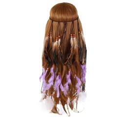 Damen Stirnbänder Hippie Boho Haarband Haarschmuck Indisch Kopfschmuck Feder Quasten Gürtel Seil Weben mit Holzperle für Frauen Festival Karneval (Purple-a, One Size) von Generic