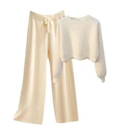 Damen Strickpullover + Hose mit weitem Bein für Herbst und Winter, elegant, warm, gestrickt, Wollhose Sets, Weiß, Beige, 38 von Generic