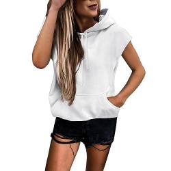 Damen Sweatjacke Ladies Sleeveless Hoody mit Kapuze T-Shirt Damen Sommer Kurzarm Oberteile Hoodie Sweatweste Einfarbig Kapuzenshirt Sweatshirt Tops mit Kordelzug (White, M) von Generic