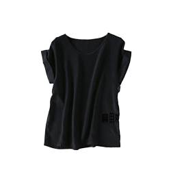 Damen T-Shirt aus 100 % Seide, lockerer Typ, Oberteil, Bluse, Rundhalsausschnitt, halbe Ärmel, Saum-Shirt, Schwarz , M von Generic