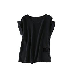 Damen T-Shirt aus 100 % Seide, lockerer Typ, Oberteil, Bluse, Rundhalsausschnitt, halbe Ärmel, Saum-Shirt, Schwarz , X-Large von Generic