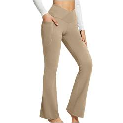 Damen Thermo Flare Leggings Winter Yogahose Warm Sport Bootcut Hose High Waist mit Taschen (Khaki, S) von Generic