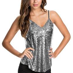 Damen Tops Pailletten Glitzer Oberteile Pailletten Tank Tops Party Weste Ärmellos Tunika Weste Damen Sequin Trägertops Verstellbare Träger top Spaghettiträger Pailletten Tops Blusen (Silver, XXL) von Generic