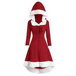 Damen Weihnachten Kleider Langarm Weihnachtskleid Vintage Cocktailkleid Weihnachten Druck Partykleid A-Linie Swing Kleid Weihnachtskleider Kapuzenkleid Weihnachtsabend Party Urlaub (1#Light Red, L) von Generic