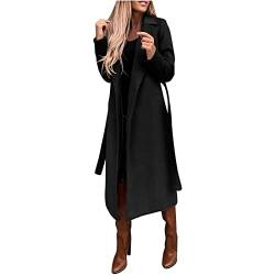 Damen Wollmantel Winter Langer Warme Trenchcoat Jacke Lässiger eleganter winddichter Revers Parka Coat mit Gürtel Klassische Vintage Wintermantel Herbst Übergangsjacke Outwear (Black,L) von Generic