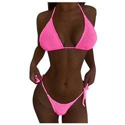 Damen Zweiteilig Bikini-Set mit verstellbarem BH Push-Up Rücken, Triangle Bustle Badehose mit Blummenmuster Minimizer Bikini,Rosa,XXL von Generic