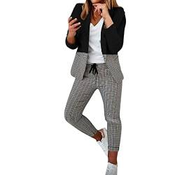 Damen Zweiteiliger Anzug Set Business Hosenanzug Büro Business Formal Blazer Langarm Anzugjacke Hosenanzug Slim Fit Hose 2 Stück Anzug Karo Kariert Zweiteiler Slimfit Streetwea (Y1-Grey, M) von Generic