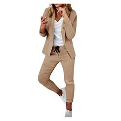 Damen Zweiteiliger Anzug Set Revers Büro Business Formal Blazer Langarm Anzugjacke Hosenanzug Slim Fit Hose (A1 Khaki, L) von Generic