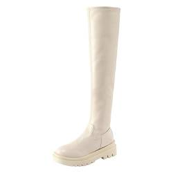 Damenmode, einfarbig, Leder, seitlicher Reißverschluss, dicke Unterseite, Stretch-Overknee-Stiefel, kniehohe Bandstiefel (Beige, 5,5) von Generic