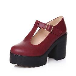 Damenschuhe Schwarz Mit Absatz Knöchelriemen, Mary-Jane-Schuhe, runde Zehenpartie Jeansstoff Schuhe Damen (Red, 42) von Generic