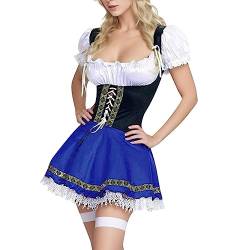 Dirndl Damen Dirndl Damen Midi Dirndl Lang Günstig Elegante Oktoberfest Kostüm Trachtenkleid Damen Bavarian Kostüm Spitze Dirndl GroßE Größen Oktoberfest Damen Outfit Cosplay (2-Blue, L) von Generic