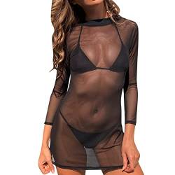 Durchsichtiges Bikini Cover Up Blusenkleid Sexy für Damen Schwarz Minirock Halbtransparentes Feines Netz Rundhalsausschnitt Minikleid Netz Shirt Strandkleid Sommertop von Generic