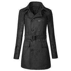 Einreihiger Reversmantel für Herren mit Knöpfen, warm, einfarbig, Gürtel, mittellange Windjacke, Wolljacke Wanderjacke (Black, M) von Generic