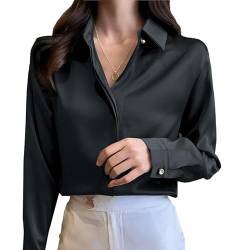 Elegantes glänzendes Seidensatin-Hemd für Frauen Langarm Solide Blusen Pullover Mode Tops Übergröße, Schwarz, Mittel von Generic