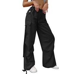 Fallschirmhose für Damen, elastisch, hohe Taille, weites Bein, mit Tasche, Sommer, einfarbig, gerade, Lounge, Baggy, Jogger, Caprihose für Damen, Schwarz , S von Generic