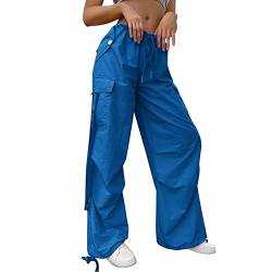 Fallschirmhose für Damen, elastisch, hohe Taille, weites Bein, mit Tasche, Sommer, einfarbig, gerade, Lounge, Baggy, Jogger, Caprihose für Damen, blau, M von Generic