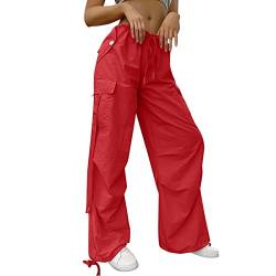 Fallschirmhose für Damen, elastisch, hohe Taille, weites Bein, mit Tasche, Sommer, einfarbig, gerade, Lounge, Baggy, Jogger, Caprihose für Damen, rot, XL von Generic