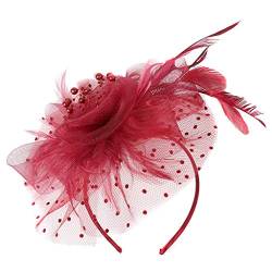 Fascinator Hut Damen Hochzeit Kopfschmuck Hüte Hat Clip Schleier Stirnband Tea Party Kopfbedeckung Blumen Mesh Federn Clip für Party Kirche Cocktail Club Wein Rot von Generic