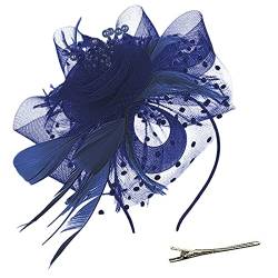 Fascinator Hut Damen Kopfschmuck Hochzeit Hüte Hat Clips Schleier Stirnband Tea Party Mesh Kopfbedeckung Frauen Pillbox Hut Haarschmuck für Cocktail Halloween Oktoberfest Gothic Marine von Generic