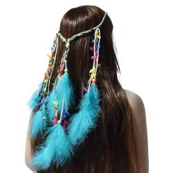 Federschmuck Quaste Hippie Indisch Kopfschmuck - Boho Indiäner Federschmuck für Vintage Festival Stirnband Kopfbedeckung mit Perlen Maskerade Kostüm (Blue, One Size) von Generic