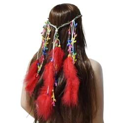Federschmuck Quaste Hippie Indisch Kopfschmuck - Boho Indiäner Federschmuck für Vintage Festival Stirnband Kopfbedeckung mit Perlen Maskerade Kostüm (Red, One Size) von Generic