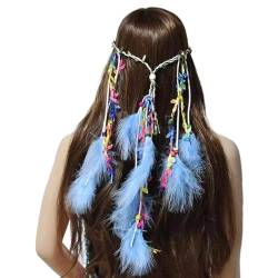 Federschmuck Quaste Hippie Indisch Kopfschmuck - Boho Indiäner Federschmuck für Vintage Festival Stirnband Kopfbedeckung mit Perlen Maskerade Kostüm (Sky Blue, One Size) von Generic
