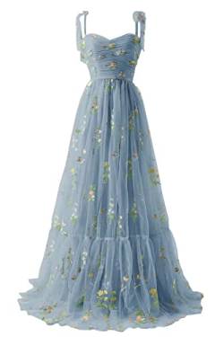 Frauen Blumen Stickerei Tüll Abschlussball Kleider Sexy von der Schulter Spaghetti Träger Brautjungfernkleid Teen Long A Line Formal Party Kleid Dusty Blue 34 von Generic