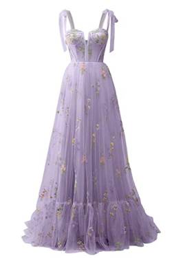 Frauen Blumen Stickerei Tüll Abschlussball Kleider Sexy von der Schulter Spaghetti Träger Brautjungfernkleid Teen Long A Line Formal Party Kleid von Generic