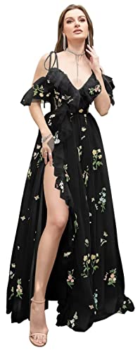 Frauen Blumen Stickerei Tüll Abschlussball Kleider Sexy von der Schulter Spaghetti Träger Brautjungfernkleid Teen Long A Line Formal Party Kleid von Generic