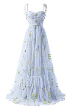 Frauen Blumen Stickerei Tüll Abschlussball Kleider Sexy von der Schulter Spaghetti Träger Brautjungfernkleid Teen Long A Line Formal Party Kleid von Generic