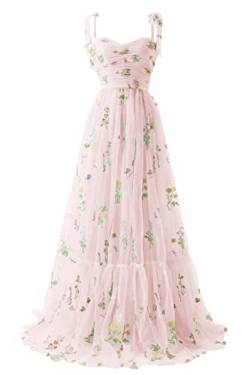 Frauen Blumen Stickerei Tüll Abschlussball Kleider Sexy von der Schulter Spaghetti Träger Brautjungfernkleid Teen Long A Line Formal Party Kleid von Generic