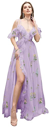 Frauen Blumen Stickerei Tüll Abschlussball Kleider Sexy von der Schulter Spaghetti Träger Brautjungfernkleid Teen Long A Line Formal Party Kleid von Generic