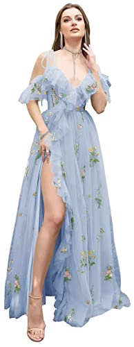 Frauen Blumen Stickerei Tüll Abschlussball Kleider Sexy von der Schulter Spaghetti Träger Brautjungfernkleid Teen Long A Line Formal Party Kleid von Generic