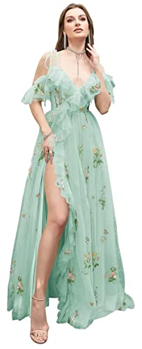 Frauen Blumen Stickerei Tüll Abschlussball Kleider Sexy von der Schulter Spaghetti Träger Brautjungfernkleid Teen Long A Line Formal Party Kleid von Generic