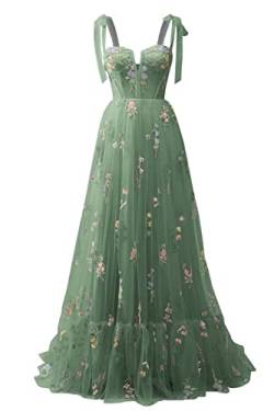 Frauen Blumen Stickerei Tüll Abschlussball Kleider Sexy von der Schulter Spaghetti Träger Brautjungfernkleid Teen Long A Line Formal Party Kleid von Generic